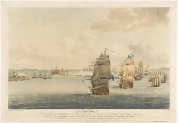 Efter Pocock, dette tryk forestiller den britiske flåde under kommando af admiral Sir Hyde Parker, med viceadmiral Lord Nelson, K.B. og kontreadmiral Thomas Graves