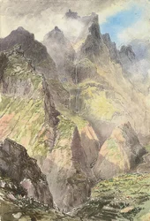 Grande Curral, Madeira, med en gruppe turister i forgrunden og Pico Grande bagved (akvarel på papir)