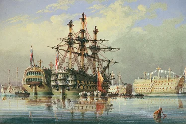 Skibe i ordinær drift ved Devonport, ca. 1850 (akvarel)