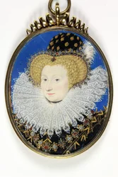 En dame traditionelt identificeret som Anne, Lady Hunsdon (akvarel og kropsfarve på vellum)