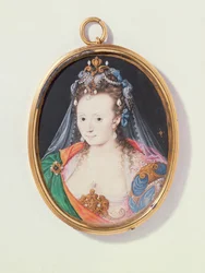 Miniature af Arabella Stuart, hertuginde af Lennox, 1593 (wc på vellum)