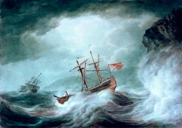 En storm med et opankret skib i nød ud for en klippekyst