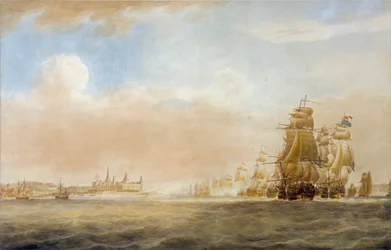 Den britiske flåde ud for Kronborg Slot, Helsingør, 28. marts 1801 [før slaget ved København].