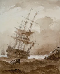 To-dækker i storm ud for kysten, slutningen af det 18. til begyndelsen af det 19. århundrede (brunvask)