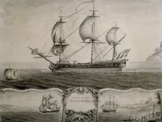 Views of the Blandford Frigate on the Passage to the West Indies and Trading on the Coast of Africa, ca. 1760 (pen  blæk og lakering)