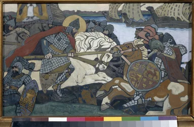 Alexander Nevsky (1220-1263) slog Birger Jarl (1210-1266) (eller Birger Magnusson af Bjalbo). Afsnit af slaget ved Neva (1240). Værk af Nicolas Roerich (1874-1947), gouache på pap