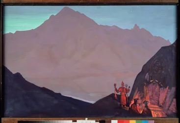 Chenrezig (Bodhidattva af medfølelse dedikeret til Dalai Lama eller Avalokiteshvara). Vestlige Tibet i Himalaya. (Buddhistiske munke hylder dens repræsentation indgraveret på væggen af ​​Himalaya-bjerget). Maleri af Nicolas (Nicholas) Roeri