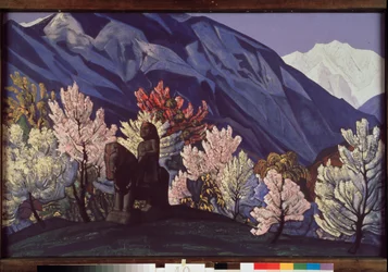 Guga Chohan. Kulu Valley (Indien). (Rytterstatue blandt Himalayas blomstrende træer). Maleri af Nicolas (Nicholas) Roerich (1874-1947), tempera på lærred