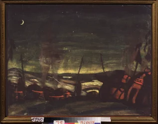 Polovtsian (eller Couman, Kuman) lejrer om natten. Forberedende indretning til operaen Prins Igor af Alexandre Borodin (Borodin) (1833-1887). Værk af Nicholas Roerich (1874-1947), tempera på papir