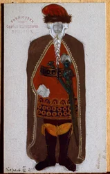 Kong Mark. Kostume til operaen Tristan og Iseult (eller Isolde eller Iseult) af Richard Wagner (1813-1883). Værk af Nicolas (Nicholas) Roerich (1874-1947), gouache og akvarel på papir