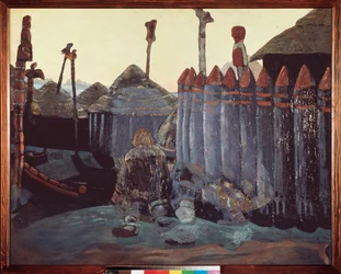 En hedensk høj. (Middelalderen, Ukraine). Værk af Nicolas (Nicholas) Roerich (1874-1947), tempera på pap