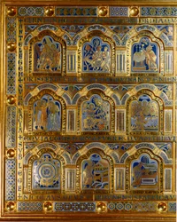 Verdun-alter lavet i guld og emalje af Nicholas af Verdun (ca. 1130/50-1205): scener fra Det Gamle og Nye Testamente (krydser Det Røde Hav, Kong Melkisedek), Kristi dåb, t.