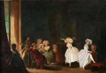 Danseskole af Niklas Lafrensen, kendt som Nicolas Lavreince eller Lavrince (1737-1807). Olie på træ, størrelse: 26,5x40, , Privat Samling