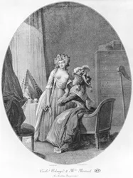 Madame de Merteuil forfører Cécile Volange, illustration fra „Farlige forbindelser“ af Pierre Choderlos de Laclos (1741-1803), graveret af Romain Girard (født ca. 1751), 1782