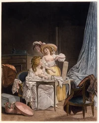 Sammenligningen. To kvinder sammenligner størrelsen på deres bryster. Stik af Nicolas Lavreince (1737-1807), omkring 1782.