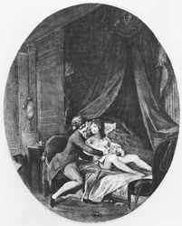 Valmont og Emilie, illustration fra „Farlige forbindelser“ af Pierre Choderlos de Laclos (1741-1803), graveret af Romain Girard (født ca. 1751), 1782