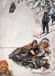 Piger på væltet slæde, Holmencollen, 1905