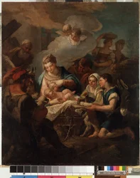 ""Tilbedelse af Kristusbarnet"" (The Adoration of the Christ Child) Maleri af Nicola Grassi (1682-1748) Mikalojus Konstantinas Ciurlionis Museum of Fine Arts fra det 18. århundrede, Kaunas, Litauen