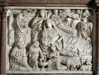 Prædikestol med Bebudelsen og Fødslen, udført af Nicola Pisano (1215/20-1278/84), prædikestol i marmor, 1260, San Giovanni-dåbskapellet i Pisa, Italien
