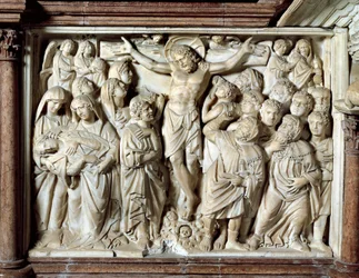 Italien, Toscana, Pisa, Piazza dei Miracoli, katedral, marmorprædikestol, panel med korsfæstelse af Giovanni Pisano
