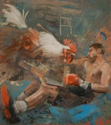 Boxer med haner, 2018 (olie på lærred)