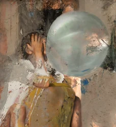 Bubble VI (Siddende pige), 2020 (olie på kobber)