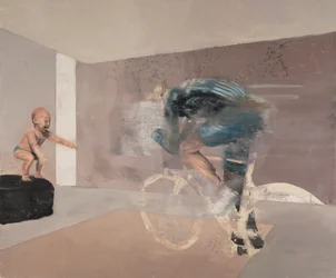 Barn med cyklist, 2019 (olie på lærred)