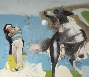 Golfspiller med hund, 2023 (olie på lærred)