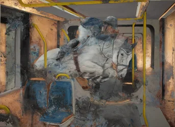 Hvid hest hopper på et tog, 2023 (olie på kobber)