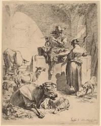 Hyrden siddende på en fontæne og spinneren, 1652.