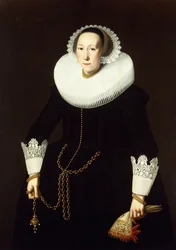 Portræt af en dame, stående i trekvart figur, iført et udsmykket sort kostume, en hvid pibekrave og kniplingsmanchetter, med en guldkæde og et par handsker, 1633