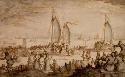 PD.851-1963 Prins Maurits fra Nassaus landyachter på stranden ved Scheveningen, c.1614-15 (blæk og vask)