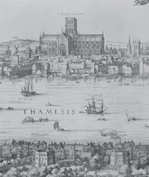 Panorama over London og Themsen, detalje fra del to, der viser St. Pauls Cathedral og Globe Theatre, ca. 1600 graveringsdetalje af 7214