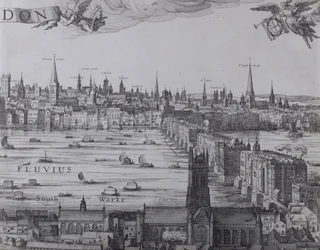 Panorama over London og Themsen, del tre viser Southwark, London Bridge og kirkerne i byen, ca. 1600 (se også 7214, 64730 og 64732)