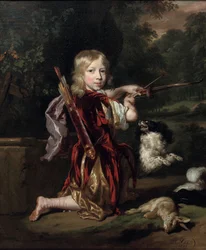 Hollandsk: Portret van een onbekende jongen Portræt af en dreng, i fuld længde, i et klassisk kostume, der trækker en sløjfe