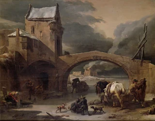 Et vinterlandskab med bønder og heste på en frossen kanal ved en befæstet bro, ca. 1660-70 (olie på panel)