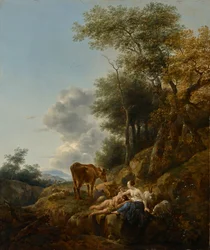 Landskab med en nymfe og en satyr, ca. 1647 (olie på panel)