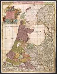 Kort over Holland, der viser bosættelser, moser, skove, bakker, veje, floder og andre geografiske træk, ca. 1710 (farvegravering)