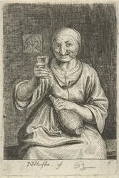 Gammel kvinde med glas og kande