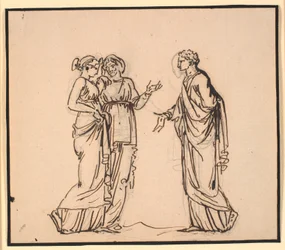 Antik scene med tre figurer, en mand der taler med to kvinder