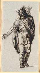 En oldnordisk (?) kongefigur, stående med krone på hovedet