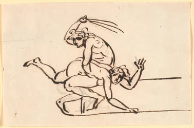 En siddende nøgen figur, der svinger riset mod en nøgen kvindes bag