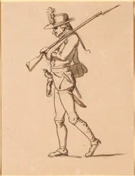 Karikatur af en soldat i profil til venstre. Hans venstre arm ligger i bind, men bærer dog et gevær.