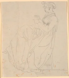 Profilbillede af kunstnerens anden hustru Juliane Marie Abildgaard f. Ottesen, siddende med sytøj, hel figur