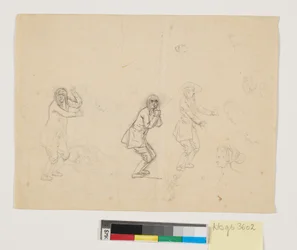 Studier af hoveder og figurer, bl.a. en mandsfigur gengivet tre gange