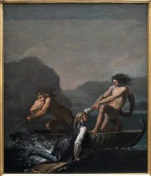 Forliset Niels Klim reddet af to Quamites. Uddrag fra Den underjordiske rejse af Niels Klim