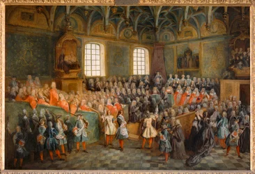Rettens session (Lit de Justice), afholdt i Parlamentet den 22. februar 1723 ...