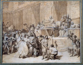 Den Franske Revolution: Nationalkonventet vedtager den 4/02/1794 (16. pluviôse år II) i Paris at afskaffe slaveriet i kolonierne. Tuschlavering. Mål: 0,26 x 0,33 m. Paris, Musée Carnavalet