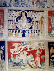 Åbenbaringsgardin (1373-1383), n. 13: Gud og Lammet, symbol på Kristus. Nedenfor, n. 20, befrier de tre engle kræfterne. Tapestry af Nicolas Bataille (1330-1405)