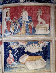 Ophængning af åbenbaring (1373-1383). N. 44 høj: beten har syv hoveder. N. 51 lav: De retfærdiges søvn. Tapestry af Nicolas Bataille (1330-1405)
